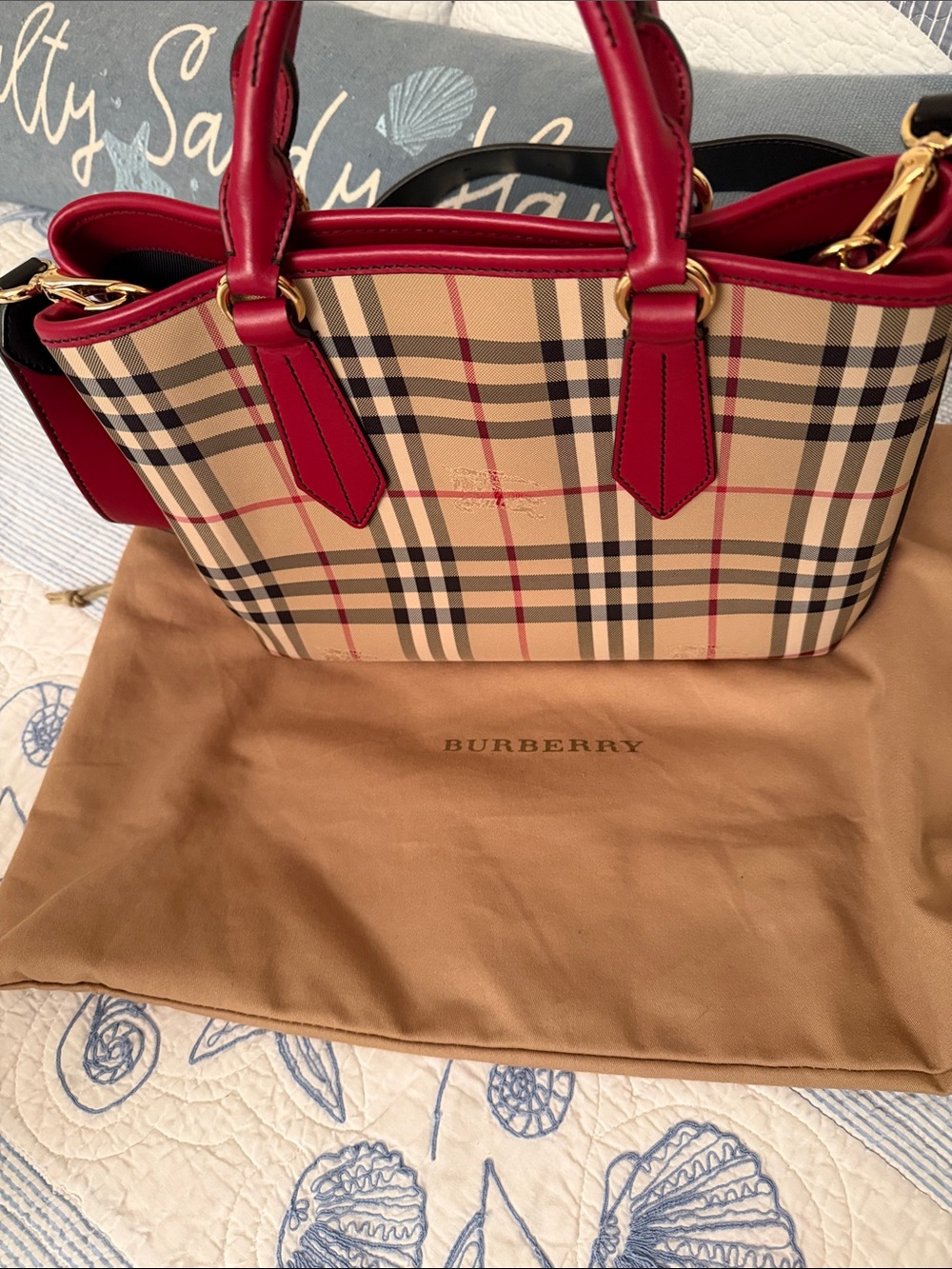 Burberry Beige Check Tote with Red Trim